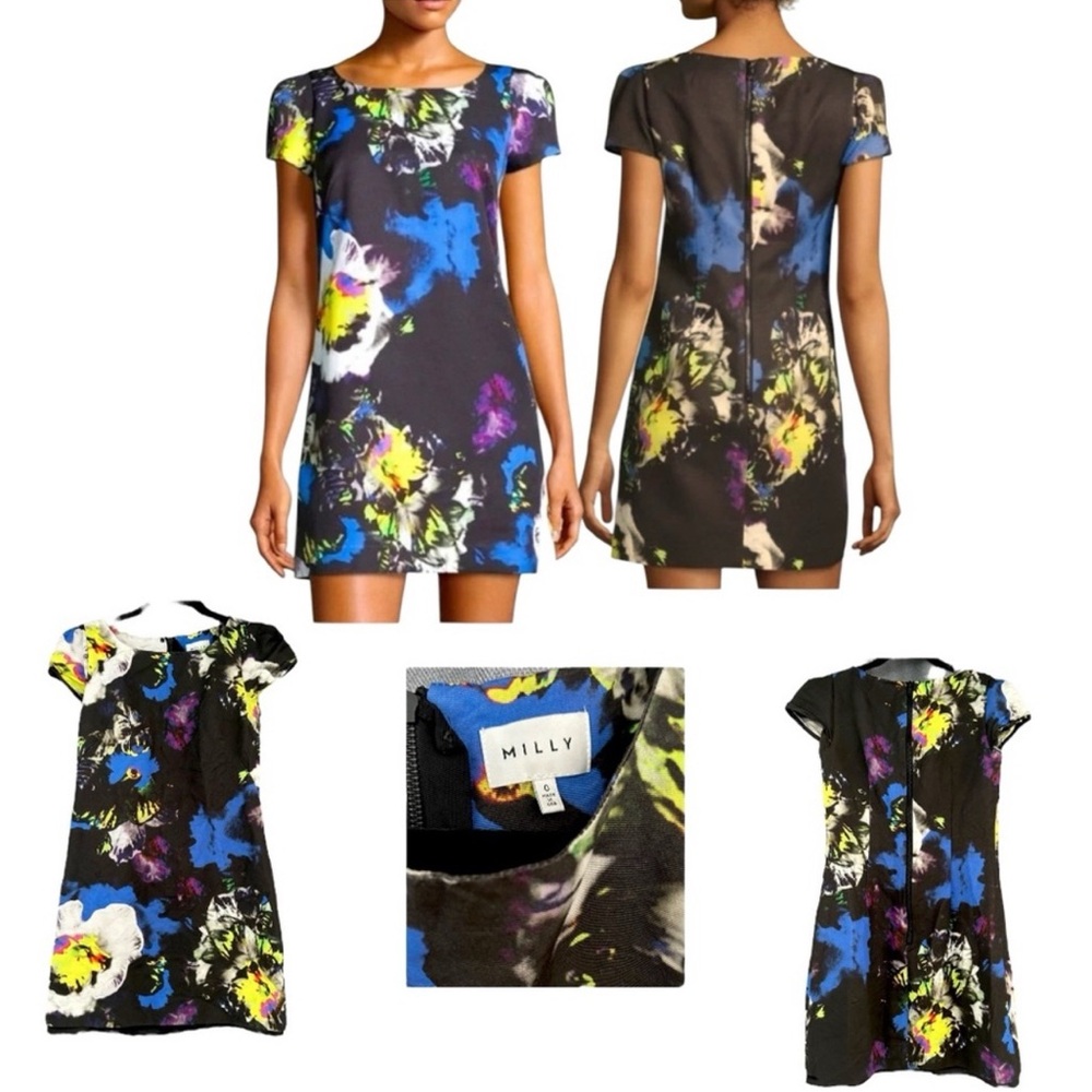 Milly Black & Blue Women's Floral Dress with Back Zipper Sz 0‎ - Picture 4 of 7